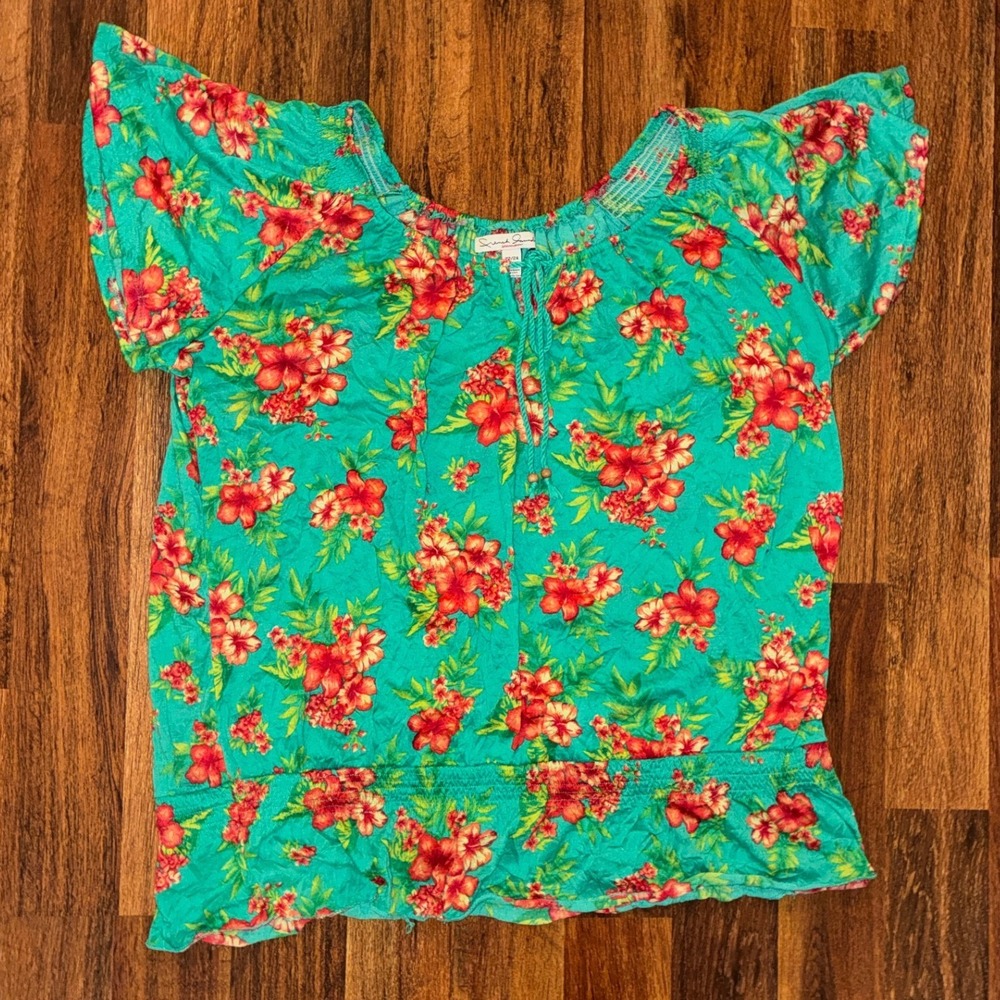 French Laundry Woman Teal Tropical Floral Peasant Blouse Plus Size 22/24